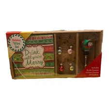NEW  DRINK UNTIL MERRY Holiday Cocktail Wine Gift Set Stopper Napkins & 4 Charms