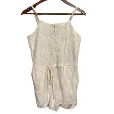 ZARA Women's Ecru Floral Lace Tie Waist Button Spaghetti Strap Romper Medium