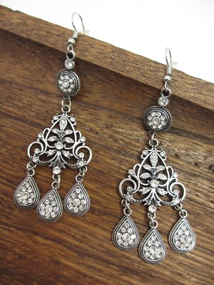 Vintage-Inspired Silver Filigree Chandelier Earrings Rhinestone Accents Long NEW