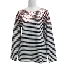 Joules Cotton Black & White Striped Harbour Strawberry Print Jersey Top sz 8