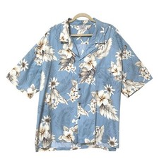 Pacific Legend Mens Hawaiian Aloha Camp Shirt M Blue Hibiscus Cotton Pocket USA