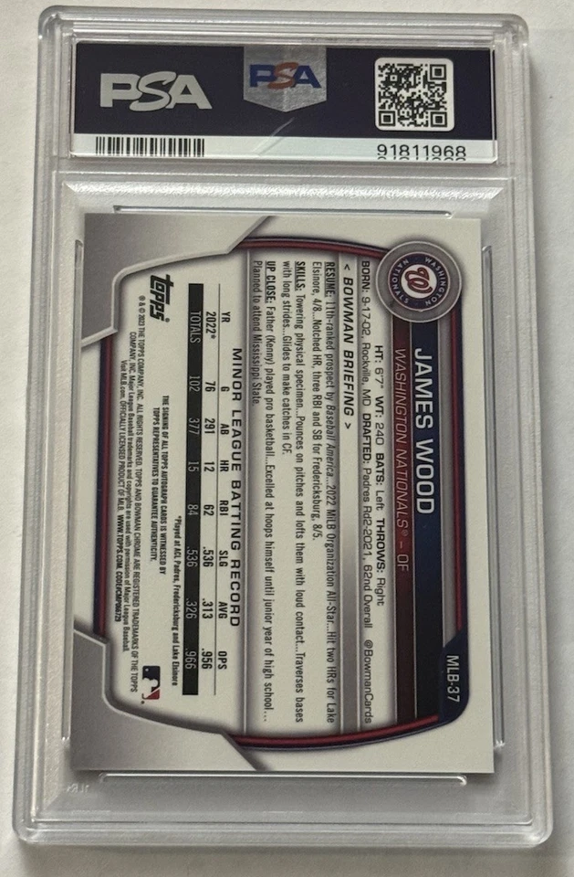 2023 Bowman Chrome NSCC James Wood Auto /15 PSA 10 GEM MT - Image 2 of 2