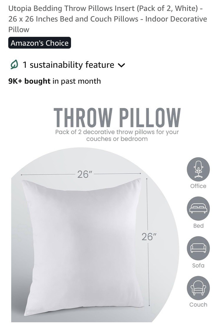 Throw Pillow Inserts 2-Pack 26” X 26” White Microfiber Fabric W/100% Polyester