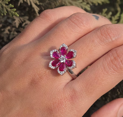Ruby Flower Ring 925 Silver Floral Statement Ring Pink Gemstone Wedding Ring