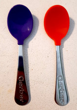 Lot of 2 Vintage Gerber Toddler Kid Silicone Tip Stainless Spoons Purple Red