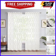 Beige White Sheer Curtains for Bedroom 84" Ivory Geometric Moroccan Embroider...