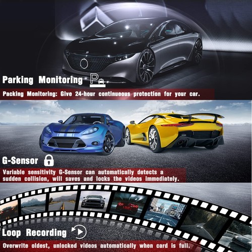 3 Channel Dash Cam Front and Rear Inside, 1080P Dash Camera for Cars with 64G... - 第 4/6 張圖片