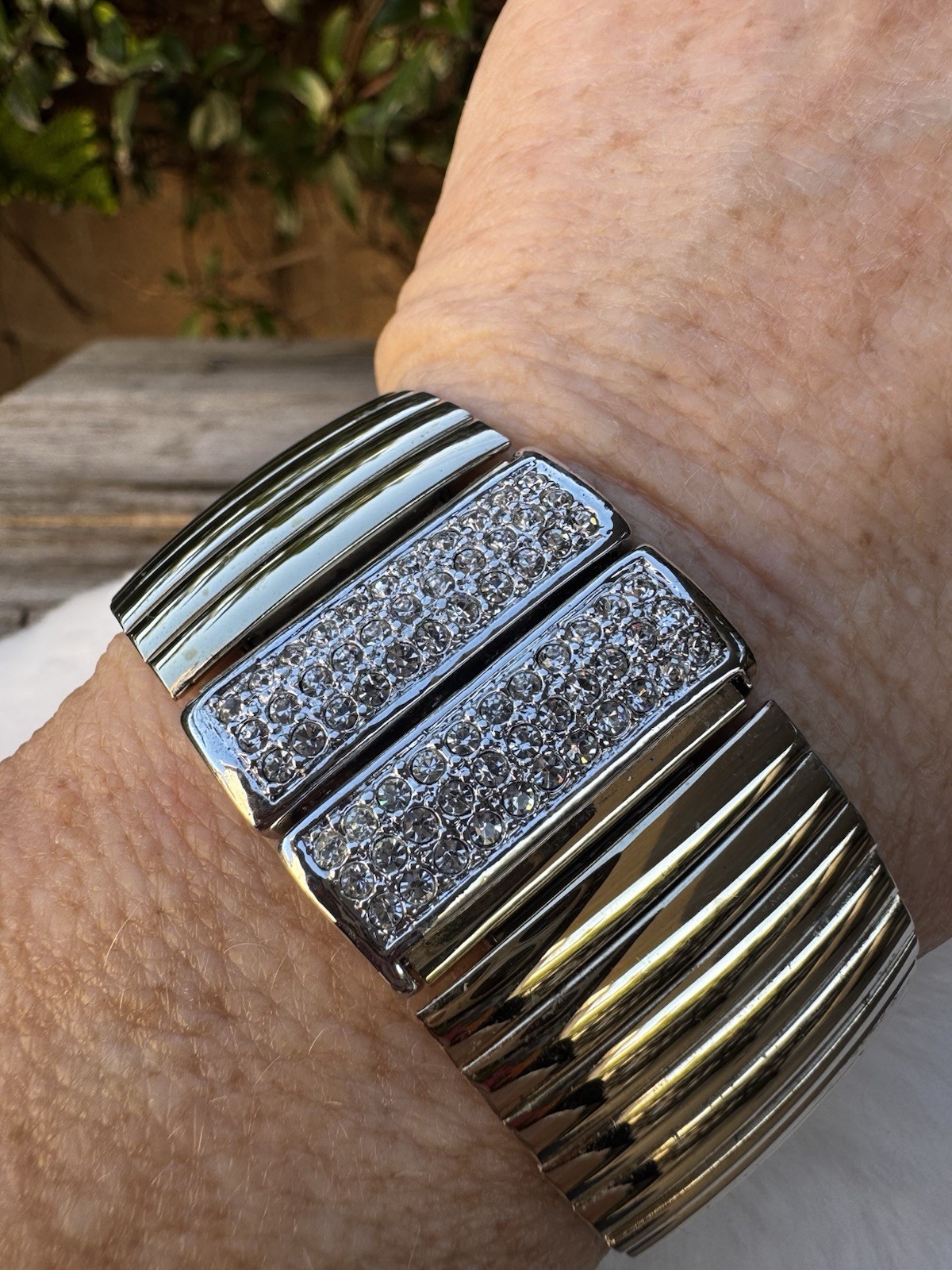 Silver Cuff Bracelet Stackable Metal Crystal Pavé… - image 1