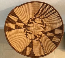 Vintage 1970s Large Coil Raffia Tribal Handwoven 15” X 3.5” Deep Basket