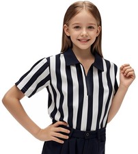 Referee Shirt Black  White Stripe Ref Jersey Zip Collar Official Umpire Unif...