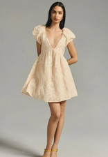 Anthropologie Peach Puff Sleeve V-Neck Dress, Size 14, NWT!