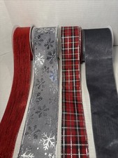 Christmas Wired Ribbon Red Gray Silver Black Snowflakes Plaid 20 yards total
