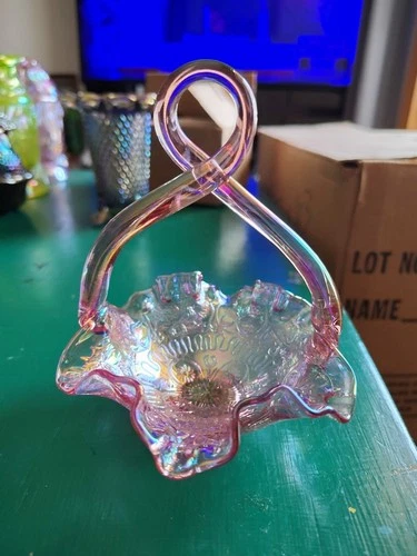 Vtg Carnival Glass Mini Basket Dorothy Taylor Encore Dragon  Lotus 1985 MO Pink