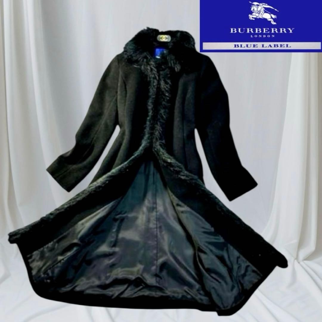Burberry Blue Label Cashmere Blend Wool Long Coat Black Faux Fur Size S Used thumbnail 3