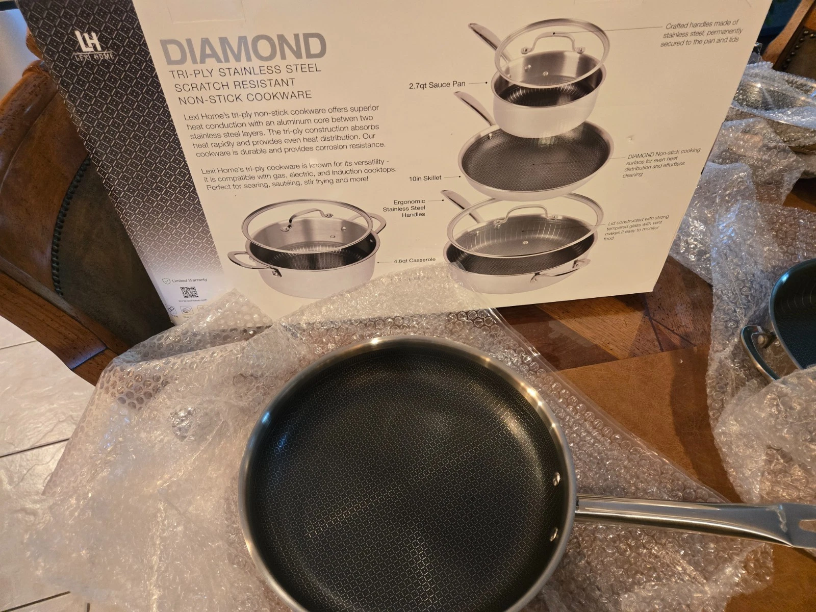 Lexi Home Tri-ply Stainless Steel Diamond Non Stick 12" Frying Pan New