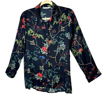 H&K Collection Botanical Floral Black Pink Blue Green Button Up Lightweight Top 