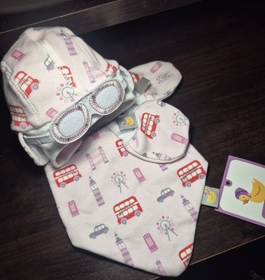 My Little Duckling London Baby Aviator Hat Bib Mittens Gift Set NWT Rare UK