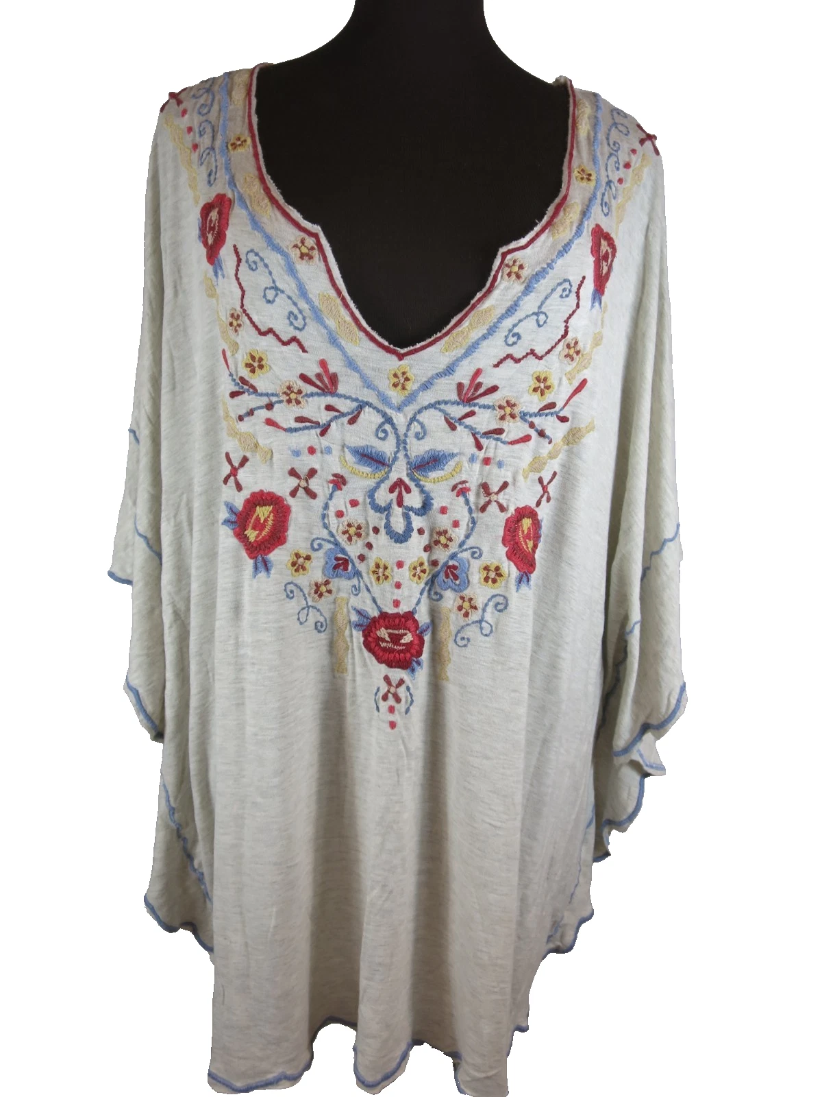 Caite Poncho Top Tan Boho Short Sleeve Jersey Knit Embroidery Stretch Over Sized
