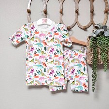    Hanna Andersson Dino Rainbow Short John Pajama Set Size 8  Organic Cotton