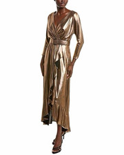Eliza J Gold Metallic V-Neck Wrap Maxi Dress 3/4 Sleeve with Belt Size 12