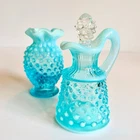 Fenton Hobnail Opalescent Glass Cruet Vase Set Blue Milk Glass Vintage