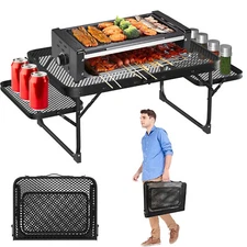 25" Portable Camping Table Aluminum Ultralight Folding Grill Table +2 Side Trays