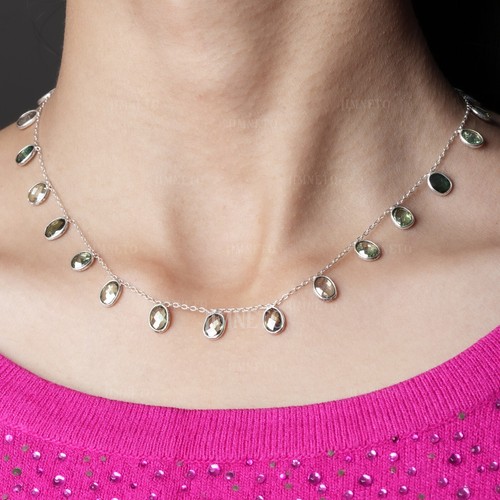 34.75 CT Luxury Green Gemstone Necklace, Oval Lab Grown Diamond Silver Necklace - Picture 1 of 4