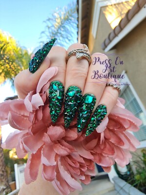 Green Emerald Rhinstone Claw Stiletto Press On Nails | eBay