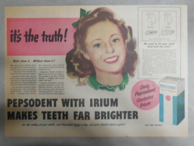Pepsodent Toothpaste Ad: It's The Truth ! from 1940's Size 11 x 15 inchrs