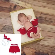 Newborn Photo Crochet Outfit Baby Boy Girl Boxing Gloves  Pants Set of 2 Red