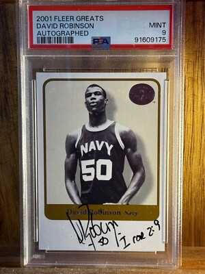 2001 FLEER GREATS DAVID ROBINSON AUTOGRAPHED ON-CARD PSA 9