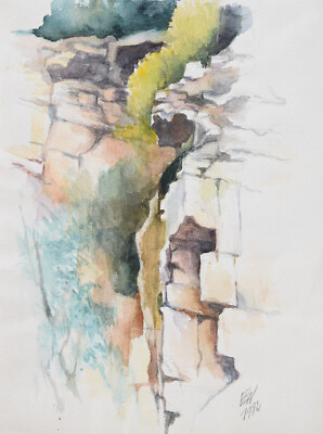 Ernst Wolfhagen 1907-1992 Hannover / Aquarell 1982 Schlucht im Wald Felsen