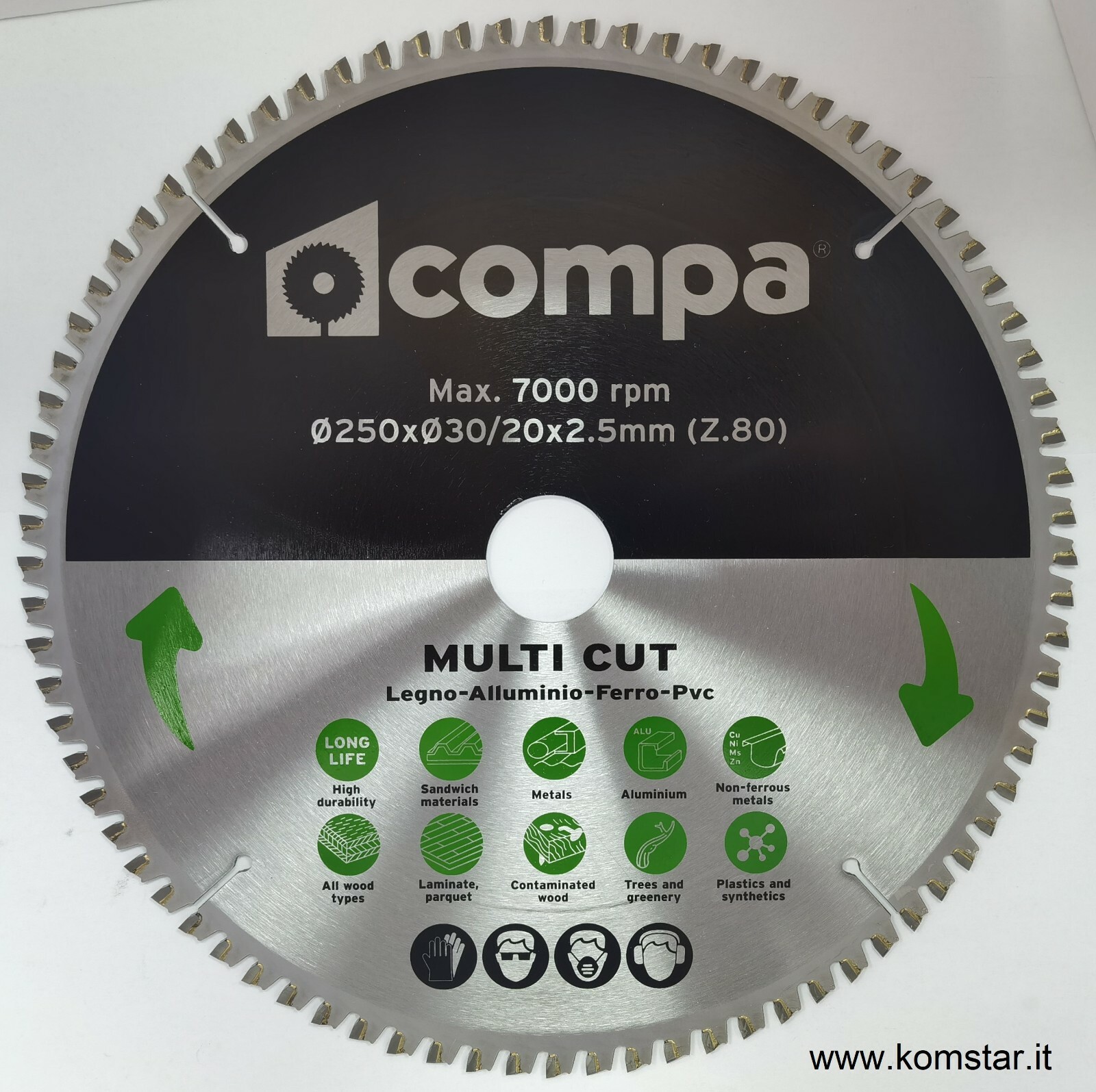 Lama multicut Ø 250 mm 80 denti COMPA per taglio legno, materiali ferrosi e PVC