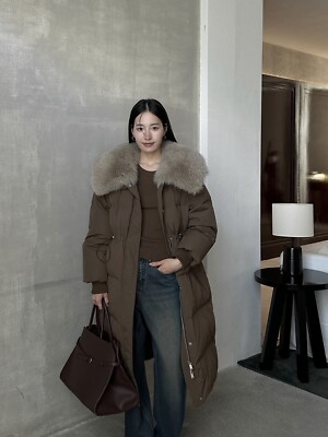 Winter Womens Real Fox Fur Collar Down Jackets Long Coat Overcoat Loose Fit Warm