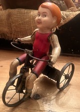 Vintage Unique Art Tin Wind-up Toy Kiddy Cyclist Boy on Tricycle