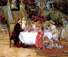 HIS FIRST BIRTHDAY CHILDREN PARTY CAKE DOG GARDEN 1899 BY FREDERICK MORGAN REPRO