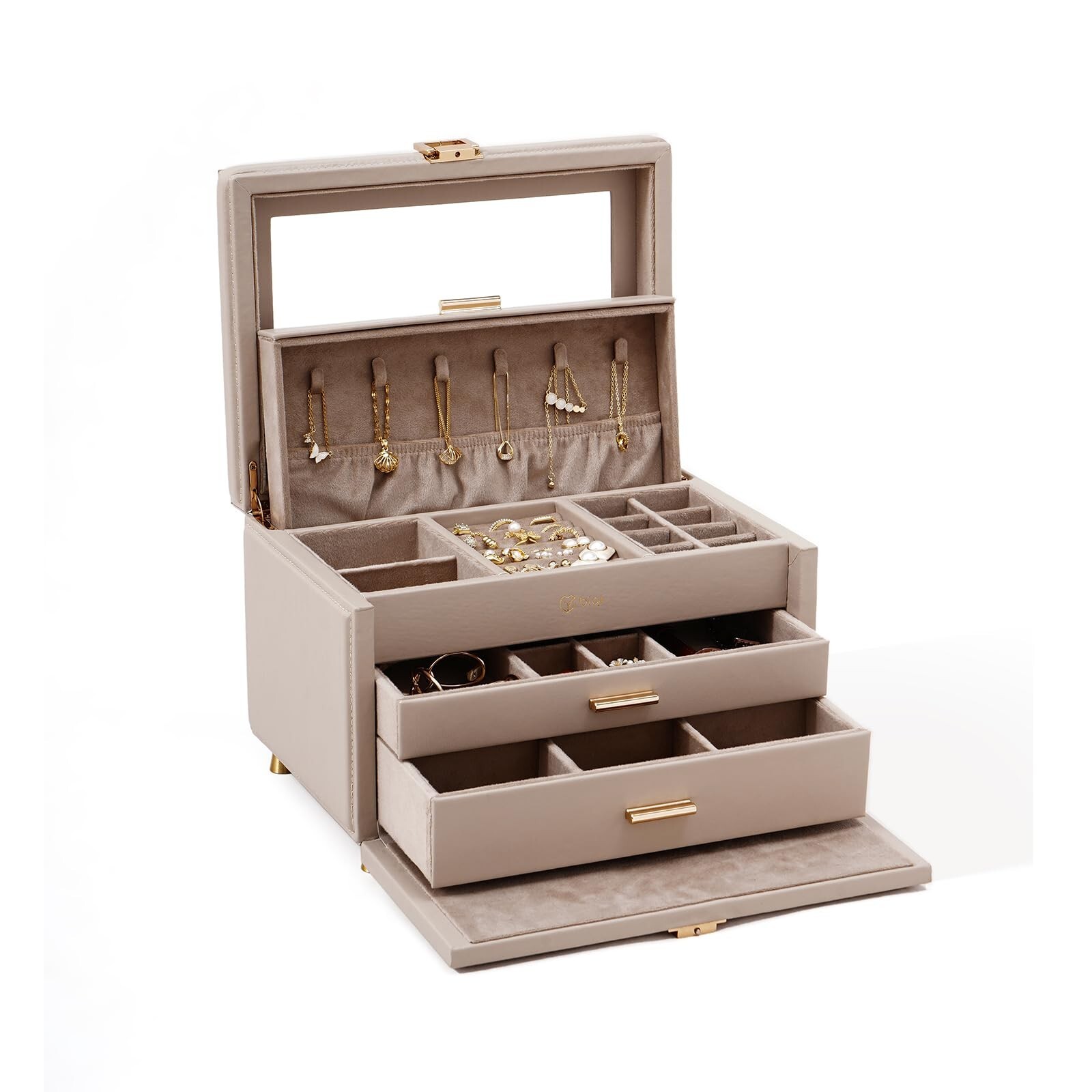 3-Tier Jewelry Box with Glass Window & 2 Drawers - Large Storage Organizer