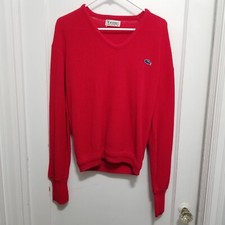 Vintage Izod Lacoste Red V Neck Sweater Medium Crocodile Logo USA Made Acrylic