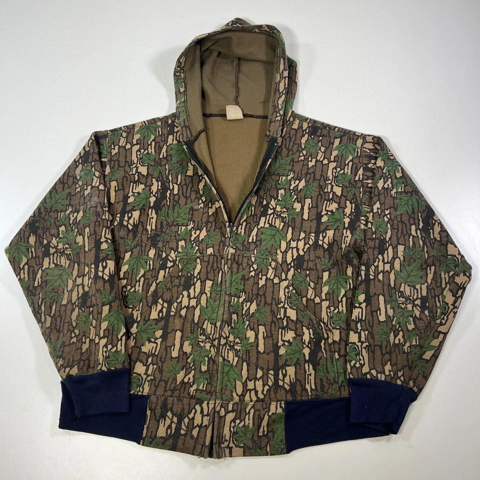 Moletom com capuz camuflado vintage masculino médio zíper completo Ace forrado termicamente Trebark EUA 80s - Imagem 2 de 4