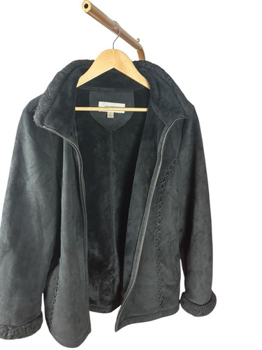 Liz Claiborne Black Suede Faux Fur Collar Coat Size L Women’s Winter Jacket