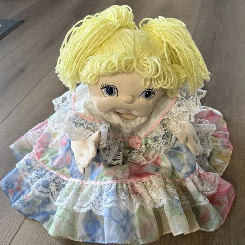 Vintage Cabbage Patch Soft Fabric Sculpture Doll Yellow Yarn Hair Blue Eyes 1984
