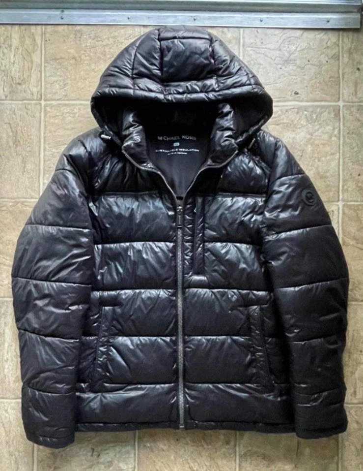 Michael Kors Men’s Hooded Puffer Jacket Black Sustainable Insulation Size Small image 1