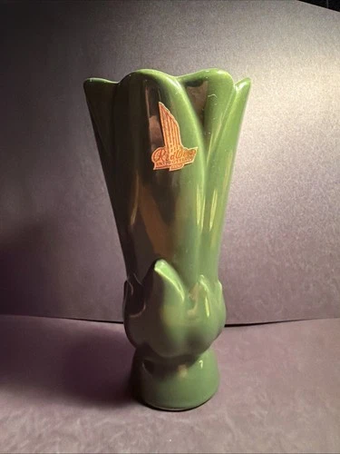 RedWing Art Pottery Green Vase 7 3/4 Inch Tall  - Yellow Inside