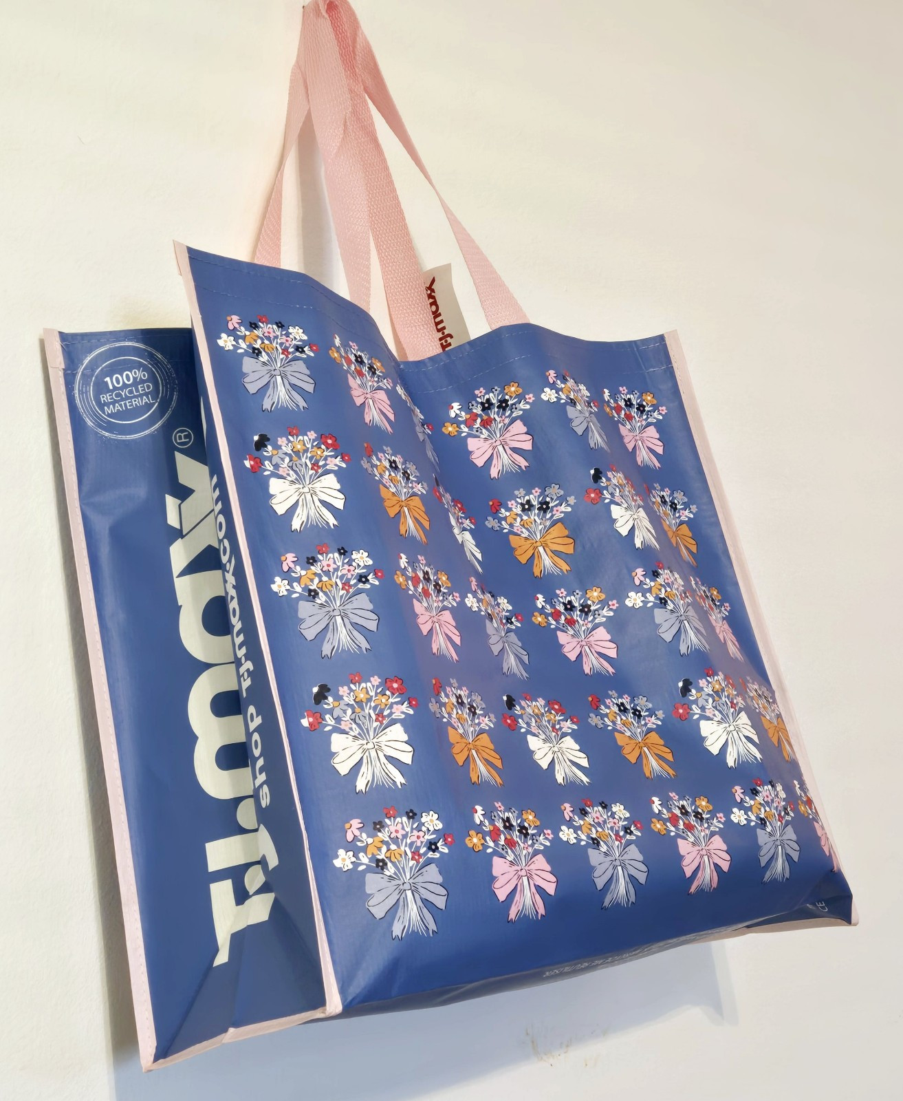 Floral Flowers Bouquet Bows Bow TJMaxx TJ Maxx Blue Shopping Bag Tote Gift