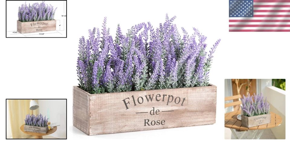 Lavanda sintética ecológica de 14" en bandeja de madera - sin mantenimiento interior/exterior Foto 2 de 4