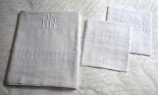 Linge ancien drap +2 taies fil lin brodé mono RG style art deco 330 x 240 cm