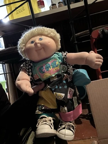 Cabbage Patch Kids Retro Girl Doll Curly Blonde Hair Blue Eyes Outfit Sneakers