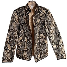 Chico's Women's Quilted Animal Print Jacket Size 0 Black Gold Open Front