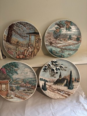 4 Hand Painted Byron Molds 10'' Plates 3D Four Seasons Dated 1980 VTG Ceramic