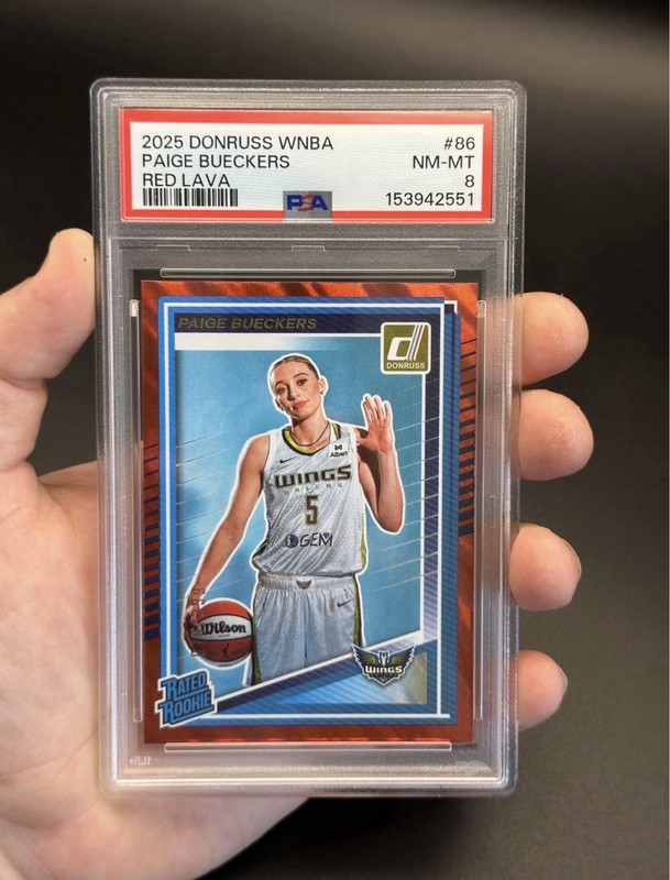 2025 Panini Donruss Rated Rookie Paige Bueckers Red Lava #’d 018/399 - PSA 8